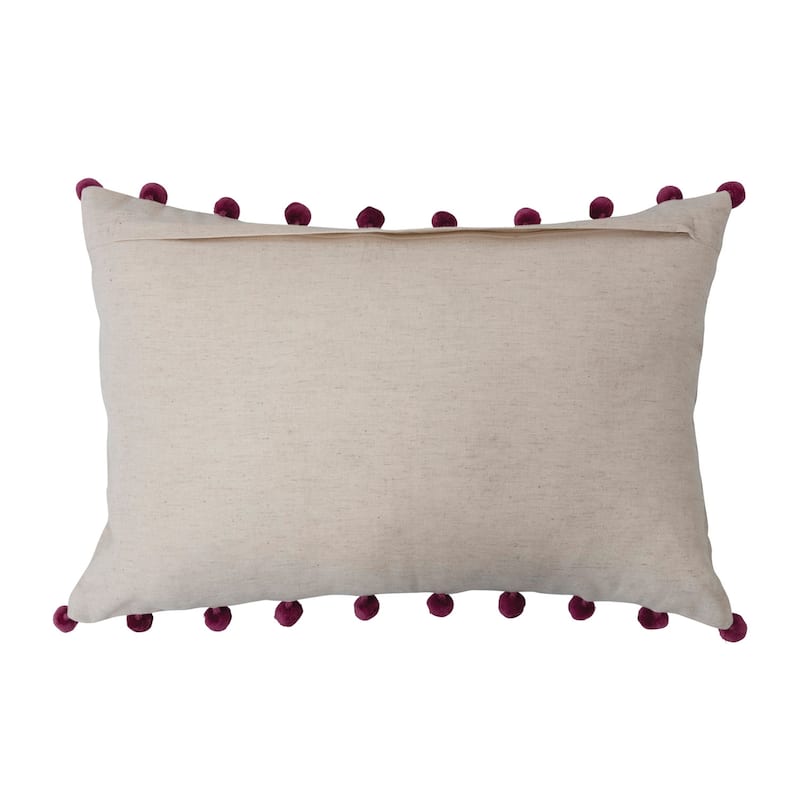 Cotton Linen Lumbar Pillow with Embroidery and Pom Poms