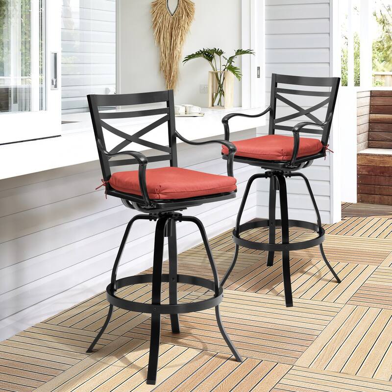 Outdoor Patio Bar Stools Aluminum Swivel Bar Chair with Sunbrella Cushion - 21.7 in W x 16.5 in D x 46 in H - Red