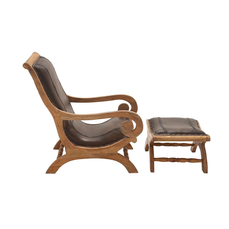 Leather Handmade Accent Chair with Ottoman with Scrolled Wood Arms and Arched Legs - Brown or Black - Roche River Decor