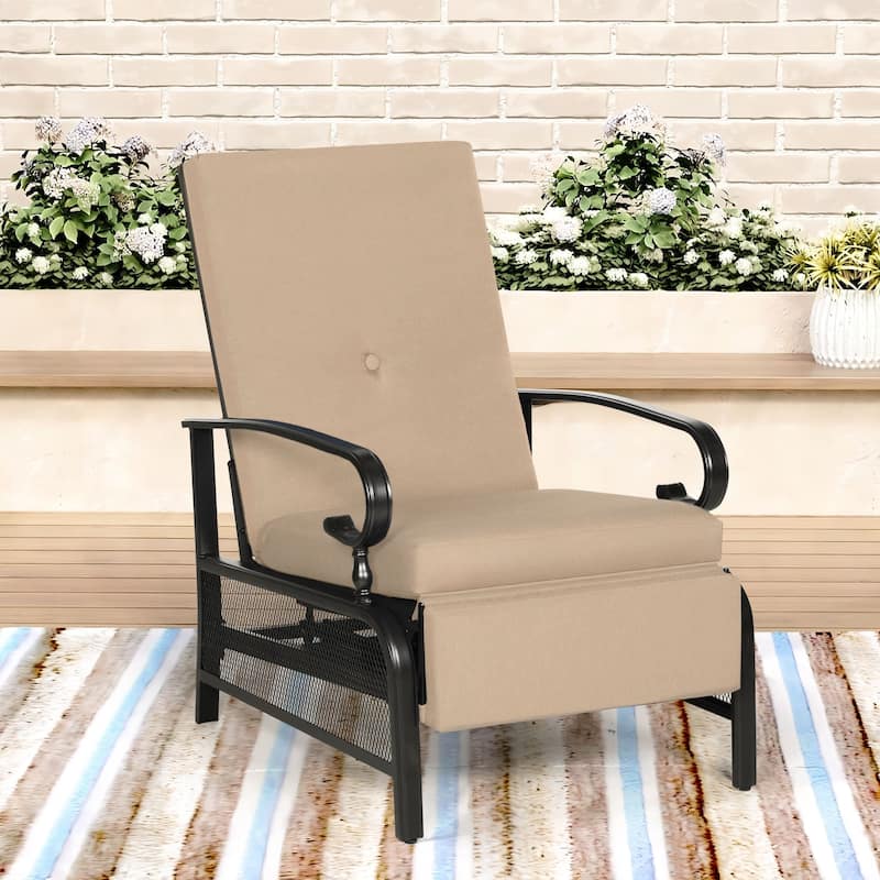 Outdoor Metal Patio Adjustable Recliner Lounge Chair & Bistro Table Set, Retractable Steel Frame and Removable Thick Cushion - Brown