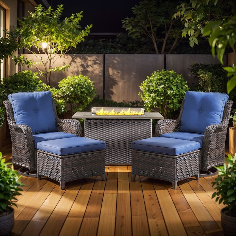 Gymojoy 5-Piece Outdoor Furniture Set, 2 Swivel Glider Chairs, 2 Ottomans & 55K BTU Fire Pit Table - Brown Wicker / Blue Cusion - 5-Piece