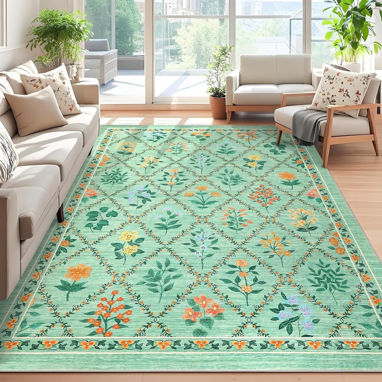 Vintage Floral Washbale Floor Cover Area Rug for Bedroom, Living
