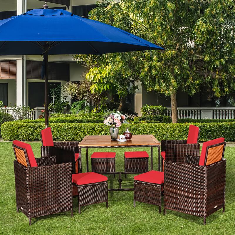 9 PCS Patio Dining Set with Removable Cushions and Wicker Armchair
