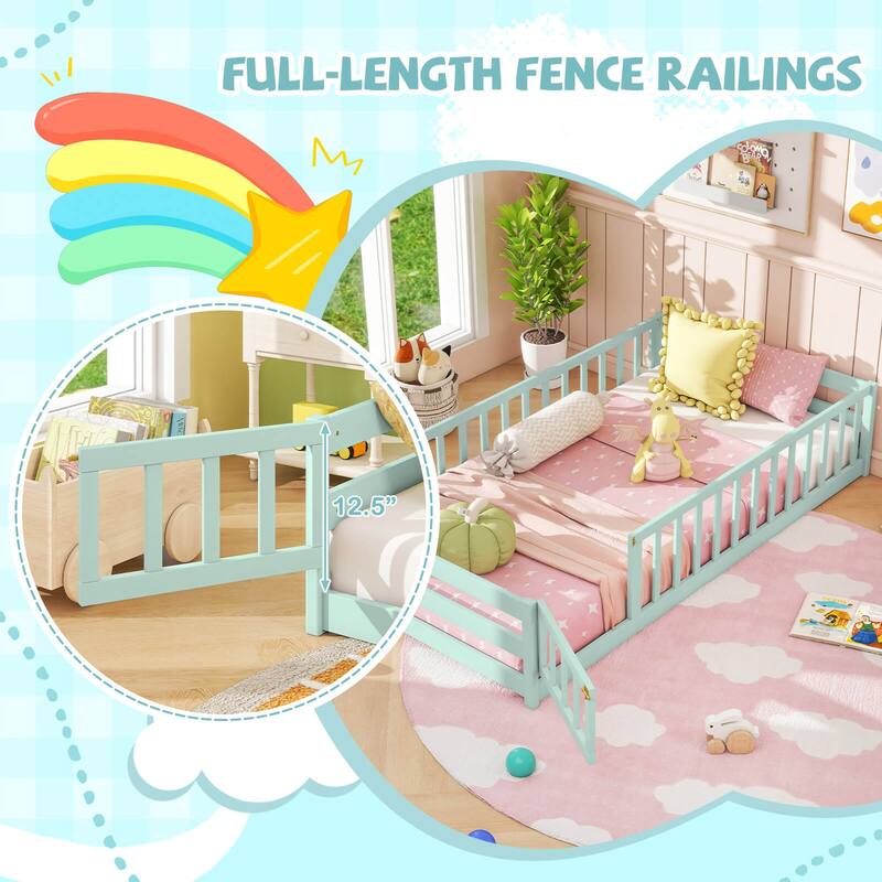 Costway Twin Size Floor Bed with Door & Fence with Safety Guardrails &