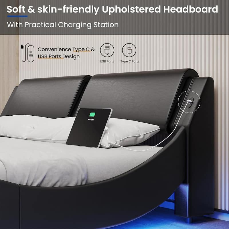 Bed Frame with Headboard Charging Ports Low Profile Platform Bed LED Lights Wave Curve
