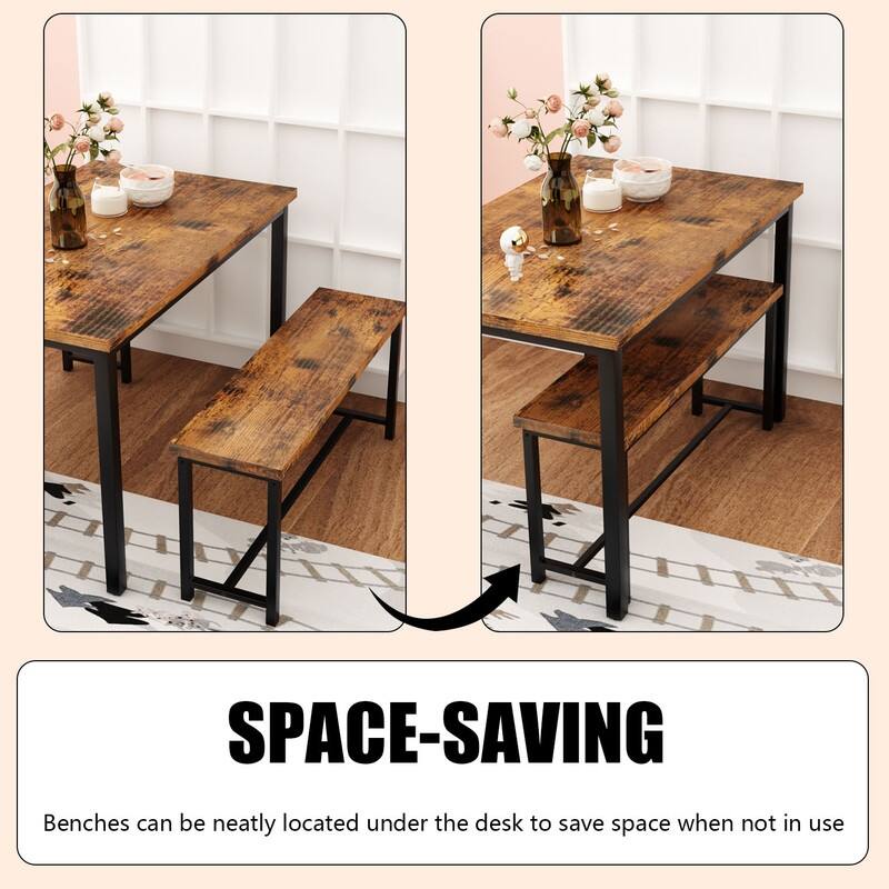 Eureka Industrial 3-piece Dining Set, Modern Kitchen Dining Table with Two Benches for Home, Kitchen, Dining Room, Bar