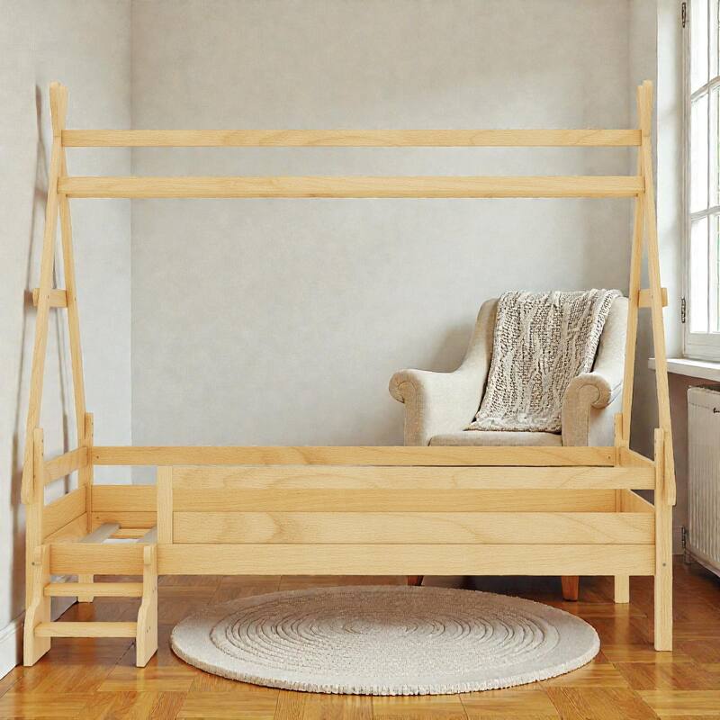 Twin/Full House Platform Bed with Stairs, Solid Wood Low Profile Kids Bed Frame, Fun Playhouse Design for Children