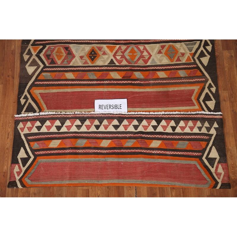 Vegetable Dye Kilim Qashqai Persian Rug Flatweave Antique Wool Carpet - 5'2"x 10'8"