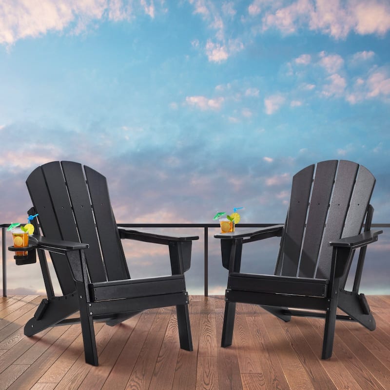 Set of 2 HDPE Folding Adirondack Chair with Wider Seat and Curved Backrest Ideal for Outdoor Use - 31.5 × 29.7 × 36.0 in - Black
