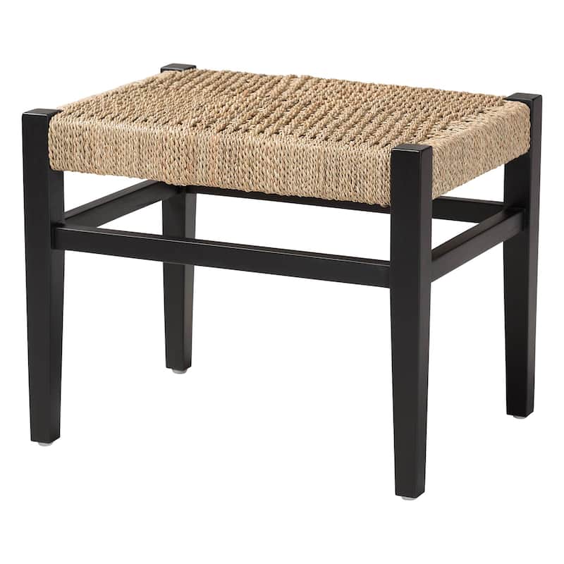 Amber Seagrass Accent Bench - Handwoven Natural Fiber Stool with Black Wood Frame, Compact Coastal Boho Seating - Natural Brown/Black