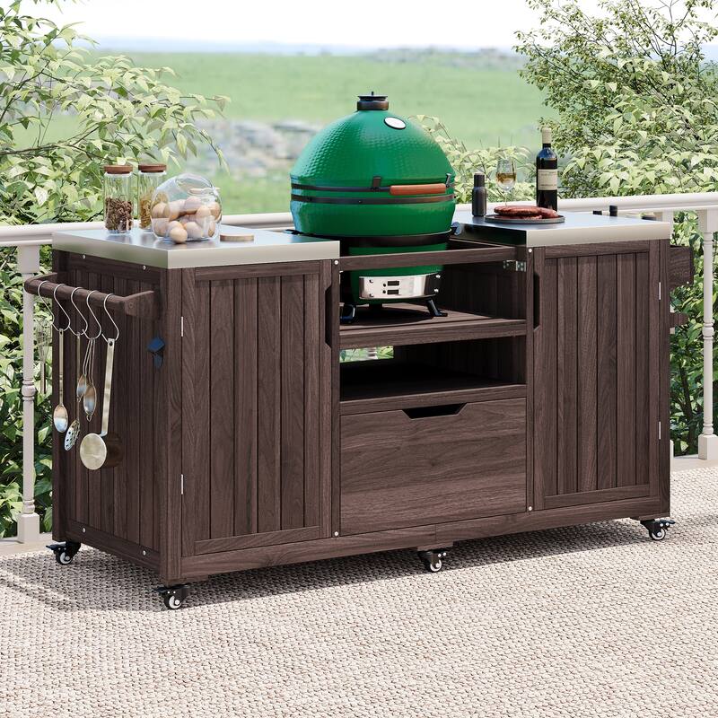 66.5" Solid Wood Outdoor Kitchen Island for Big Green Egg Grills with Stainless Steel Top & Drawer