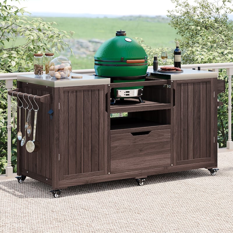 Outdoor Kitchen Island Grill Cart for Big Green Egg Grills with Stainless Steel Top and Storage Racks