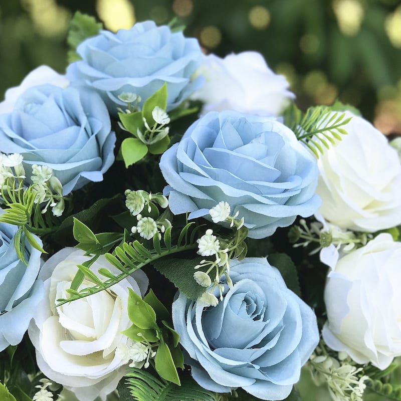 Enova Home Artificial 18 Heads Cream Blue Fake Silk Rose Flowers Arrangement in Clear Glass Vase with River Rock for Home Decor
