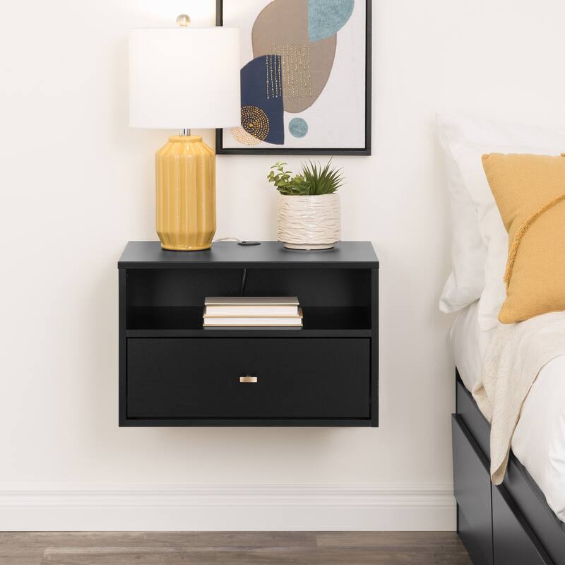 Prepac 1 Drawer Floating Nightstand with Open Shelf, Wall Mounted Nightstand, Contemporary Bedroom Furniture - Black