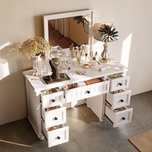 48 Inch Solid Pine Wood Vanity Desk with Mirror, 7 Drawers, Farmhouse Makeup Dressing Table - Bed Bath & Beyond
