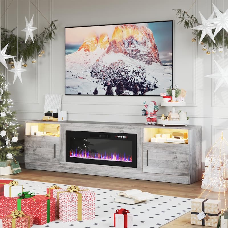 80" Modern Electric Fireplace TV Stand with 20-Color LED Lights, Fits Up to 90" TV, Adjustable Shelves & Cable Management