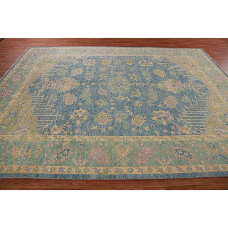Hand Knotted Oriental 100% Wool Carpet Transitional Floral Navy Blue & Blues Oushak Area Rug - 11' 11'' X 8' 11''