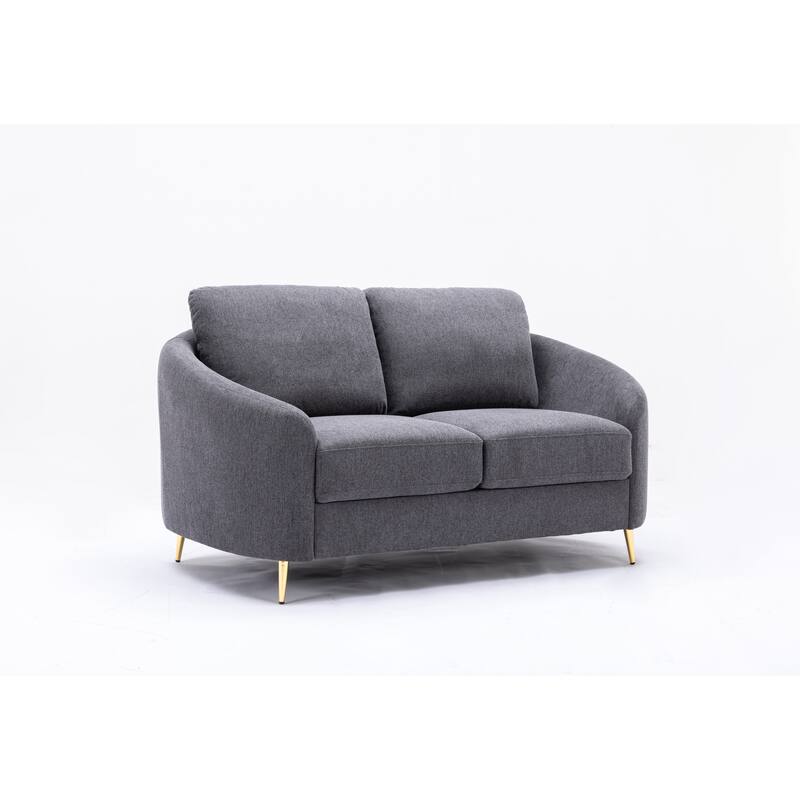 Gray Linen Loveseat Sofa with Gold Metal Legs and Plush Seat Cushions - Gray
