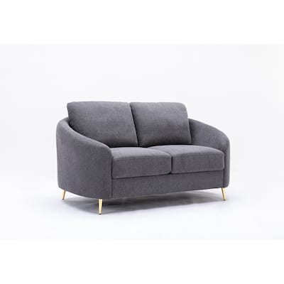 Gray Linen Loveseat Sofa with Gold Metal Legs and Plush Seat Cushions