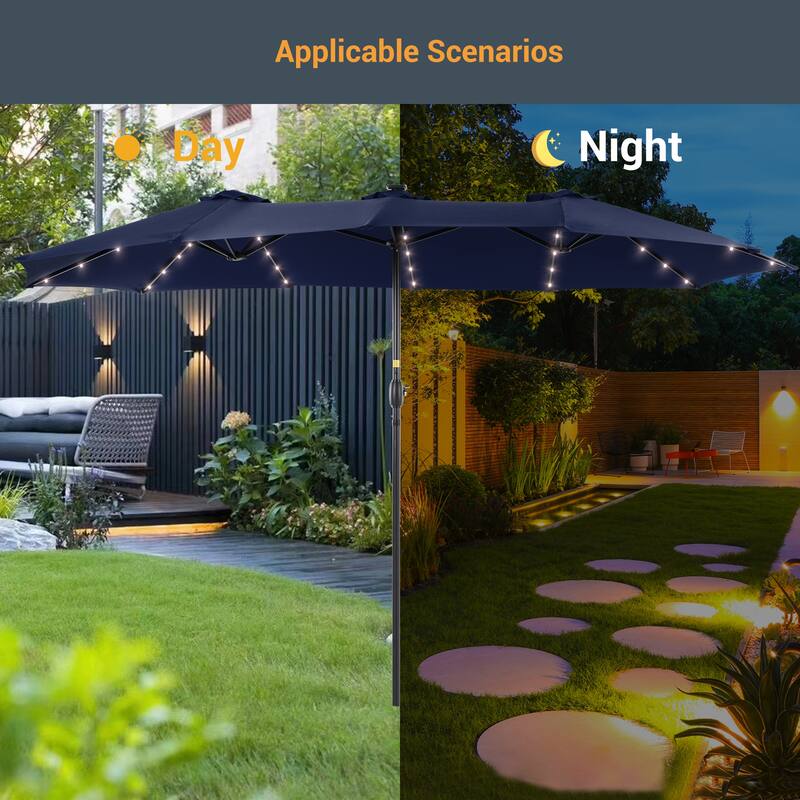Livoosun 15×9FT LED Double-sided Patio Umbrella with BASE UPF50+ and Handle, and Wind-Resistant Design
