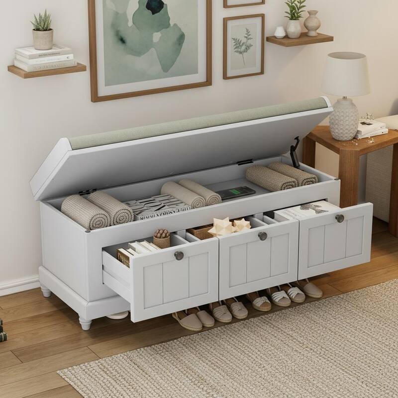 Classic Fluted Shoe Bench with Cushioned Top & Three Drawers by Harper&Bright Designs