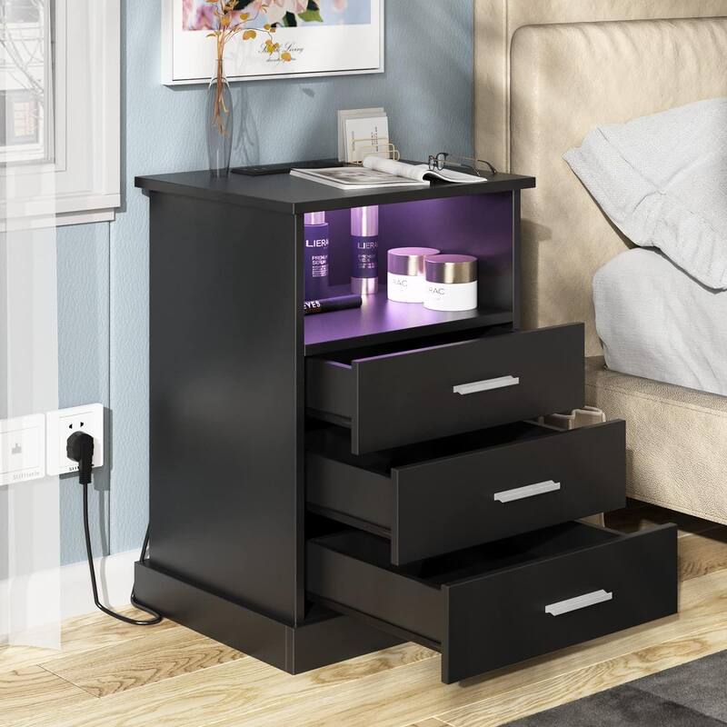 LED Nightstand with Charging Station Table with 3 Drawers 14.37"D x 16.54"W x 23.62"H