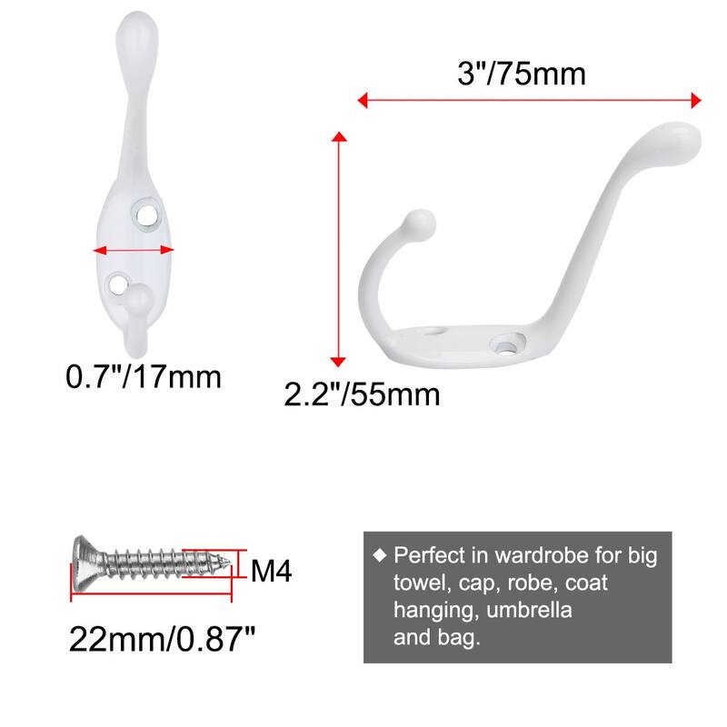 5pcs Dual Hooks Metal Hook Coat Key Double DIY Hat Hook Holder w Screw - White 5pcs - 55mm/2.2"