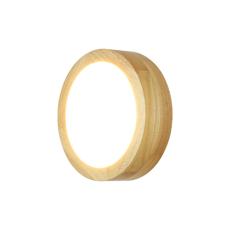 1-Light 7.87 in. Modern Farmhouse Small LED Round Wall Sconce in Natural Rubberwood Finish - 7.87 in. W x 3.35 in. H