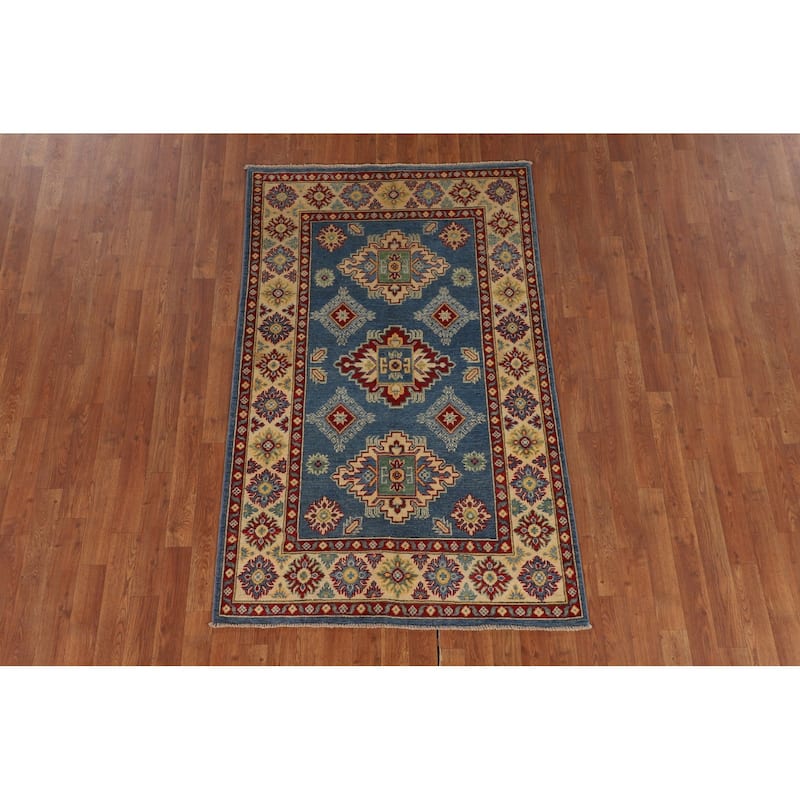 Geometric Kazak Area Rug Hand-Knotted Oriental Blue Wool Carpet - 3'7" x 5'9"