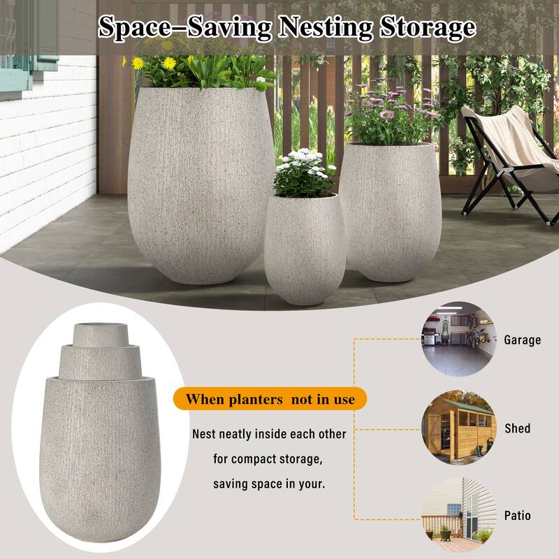 Egg-Shaped Lightweight MGO Outdoor Planter Set of 3,Modern Stone-Look Textured Flower Pots with Drainage Holes and Rubber Plug
