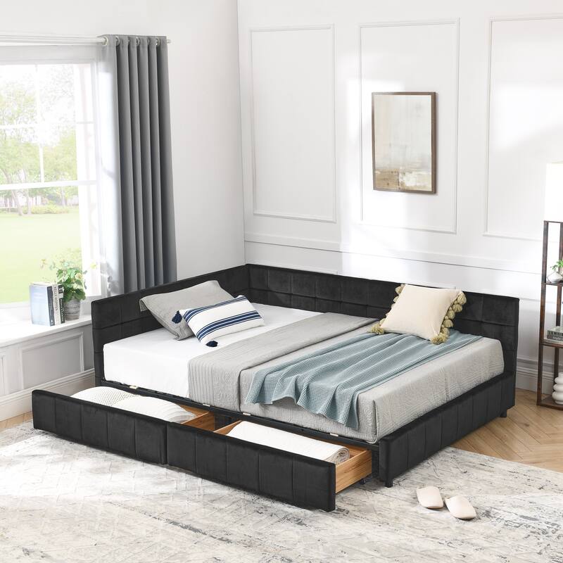L-shaped Velvet Upholstered Daybed Tufted Sofa Bed with Soft Backrest Armrests - and Optional Corner Storage Day Bed