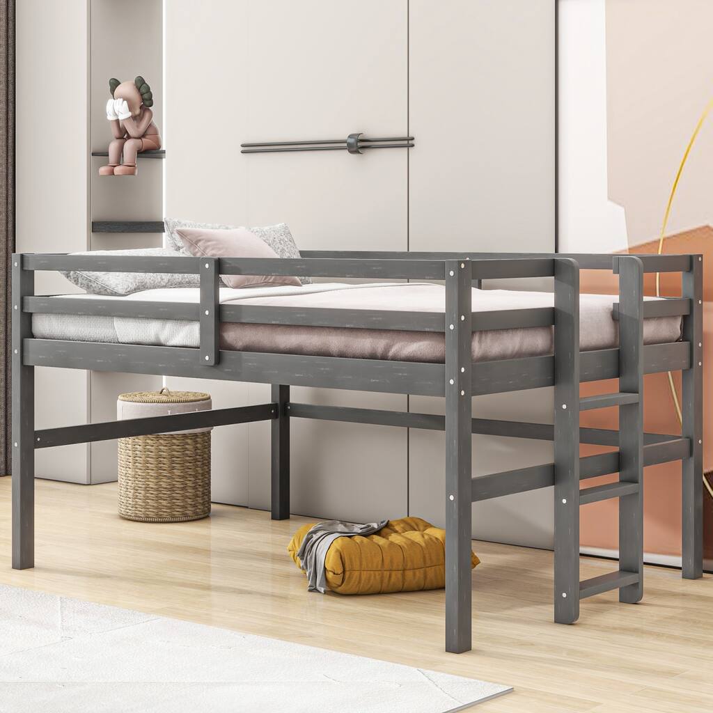 Twin Size Low Loft Bed, Wood Loft Bed with Side Ladder and Safety Guardrails, Twin Loft Bed Frame for Girls, Boys, Kids, Teens