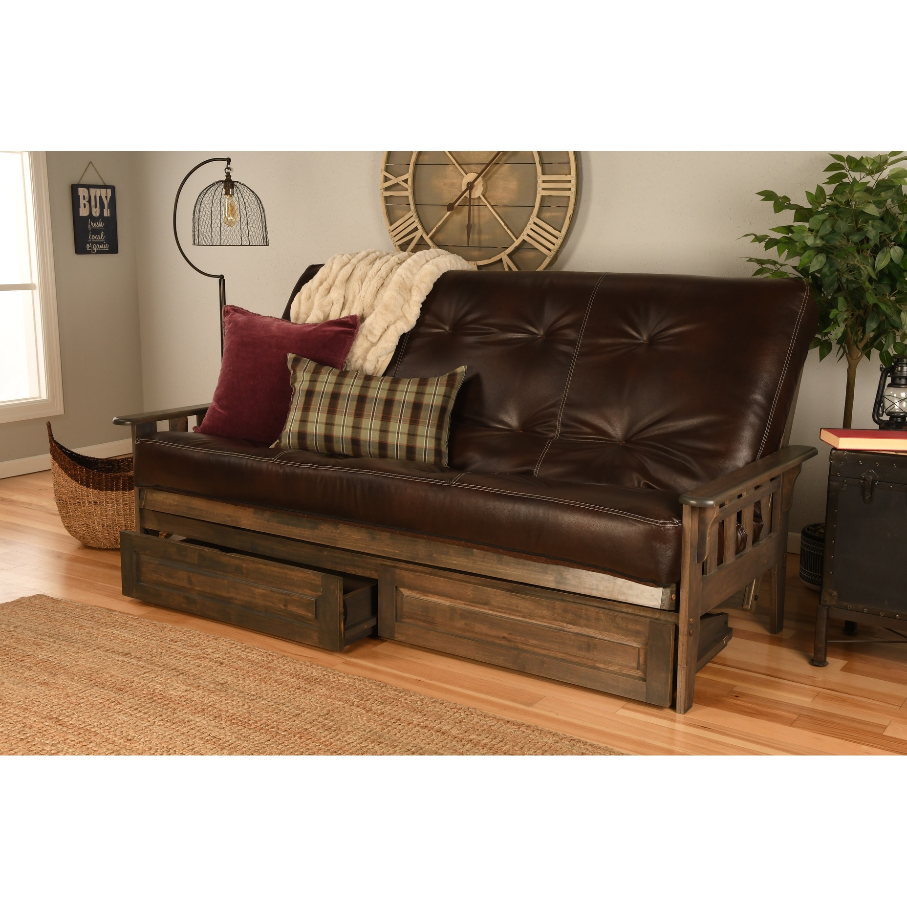 Somette Tucson Queen-size Futon Set with Storage Drawers in Rustic Walnut Finish with Mattress