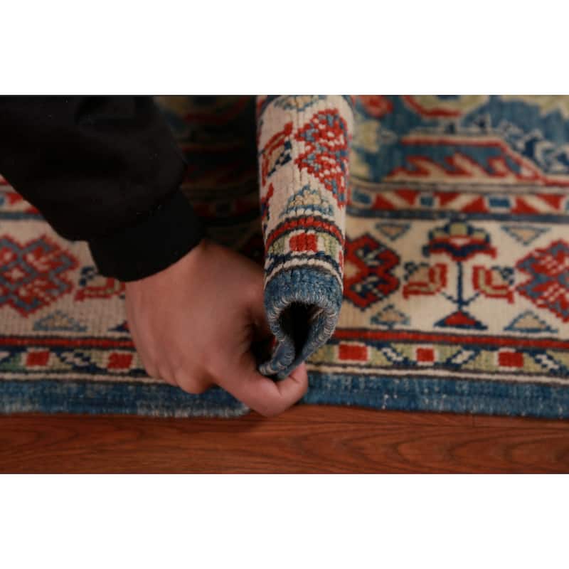 Blue Geometric Kazak Oriental Foyer Rug Handmade Wool Carpet - 2'9"x 4'11"