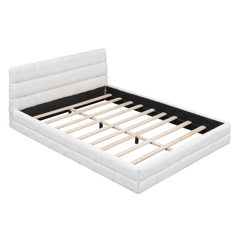 Tufted Upholstered Platform Bed, Queen Size Berber Fleece Grounding Bed, Queen Platform Bed Frame with Wood Slat Support