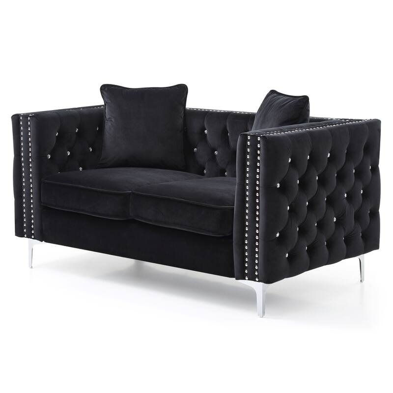 Tufted Diamond Button Velvet Loveseat with Throw Pillows - 63" - Black