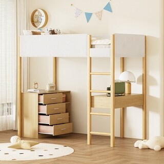 Kid's Bed Twin Size Platform Loft Bed with 4 Storage Drawers and Desk