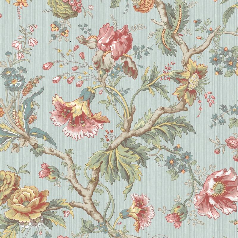 Seabrook Designs Amy Jacobean Floral Unpasted Wallpaper - 27 in. W x 27 ft. L - Metallic Ice Blue & Crimson