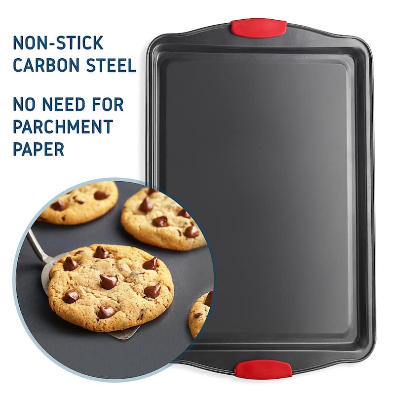 JoyTable Nonstick Steel Baking Sheet - 2PC Cookie Sheet Set with Silicone Handles - Black BPA Free Baking Pan for Oven
