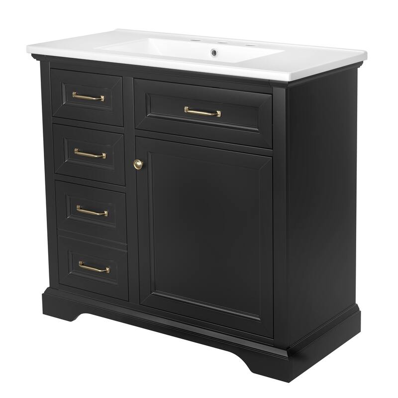 36-Inch Bathroom Vanity with Ceramic Sink Top, 4 Drawers and 1 Soft-Close Door, Freestanding Storage Cabinet with Metal Handles