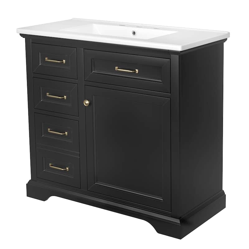 GDFStudio - Avalon 36-Inch Bathroom Vanity with Ceramic Sink Top, Freestanding Storage Cabinet, Pre-Drilled for 8-Inch Faucet