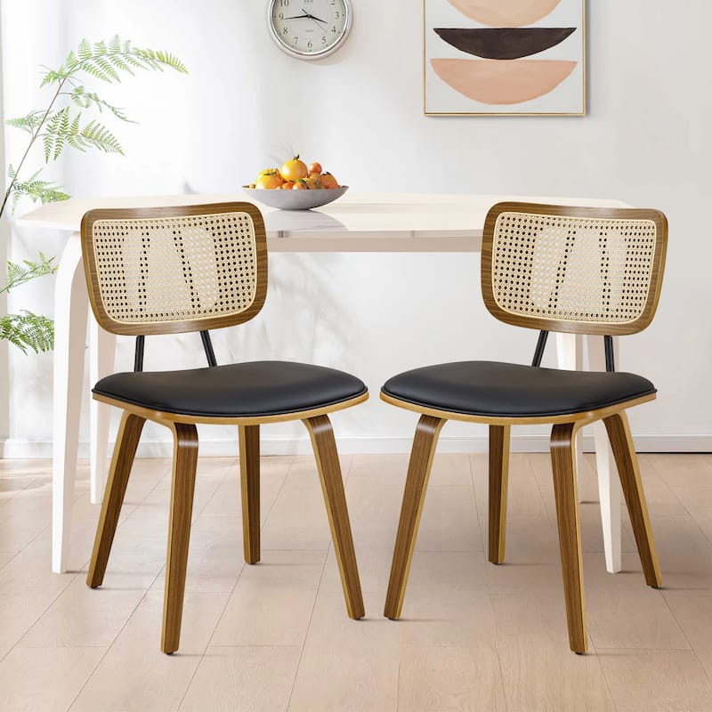 Faux Leather Upholstered Dining Chairs Set of 2/4 with Wood Legs - 32.3"H x 18.5"W x 21.8"D - Set of 2 - Black-Rattan back