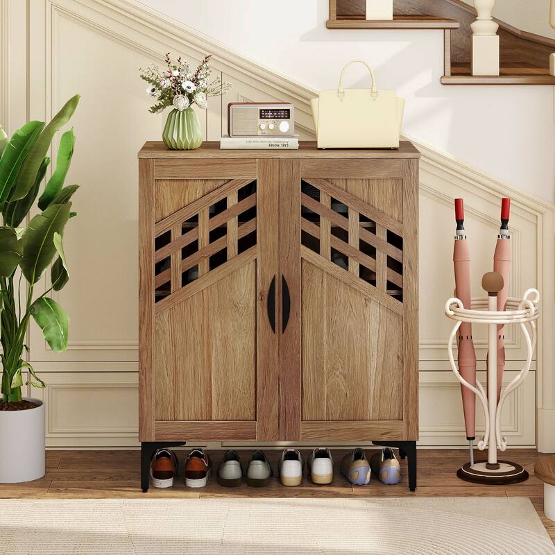 Gymax 4 Tier Shoe Cabinet w/ Doors Removable Shelves & Metal Legs for