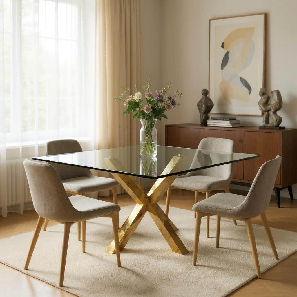 HomeRoots 60" Clear and Gold Glass and Metal Cross Leg Base Square Dining Table - 60.00 in. x 30.00 in. x 60.00 in.