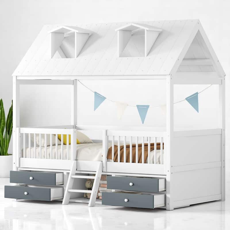 Twin/Full Size Wooden House Bed Frame with Skylight Roof, Drawers, Shelves and Ladder