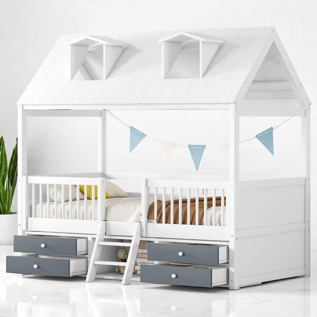 Twin/Full Size Wooden House Bed Frame with Skylight Roof, Drawers, Shelves and Ladder