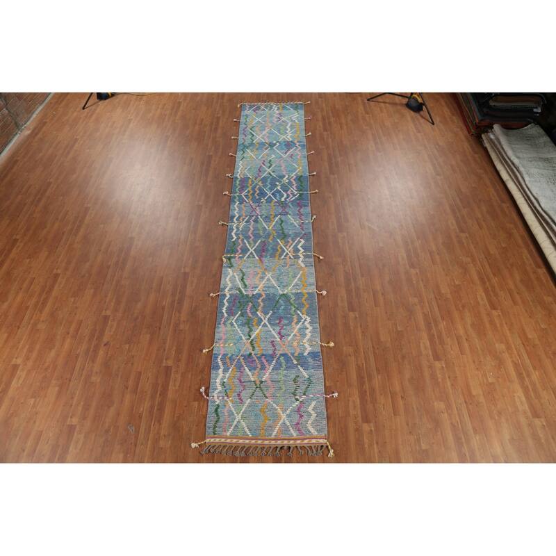 Blue Moroccan Oriental Runner Rug Hand-Knotted Wool Carpet - 2'11"x 16'5"