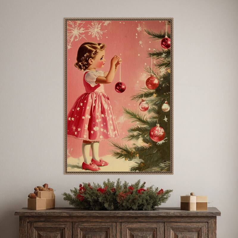 Girl With Baubles by Pictufy Studio (23 x 33 in.), Framed Canvas Wall Art Print - Sylvie Beaded Dark Gold