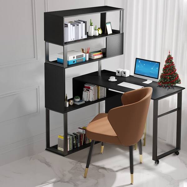 BOSCARE Rotating Computer Desk w/5 Shelves Bookshelf L-Shaped Corner ...