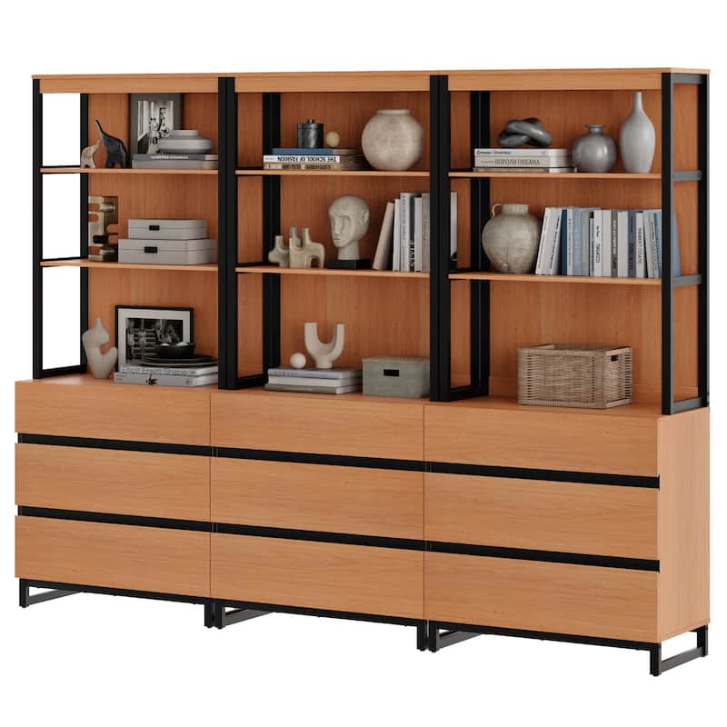 WAMPAT Modern 72" Tall Bookcase with Drawers and Open Book Shelfs, Library Book Shelf for Home Office, Living Room